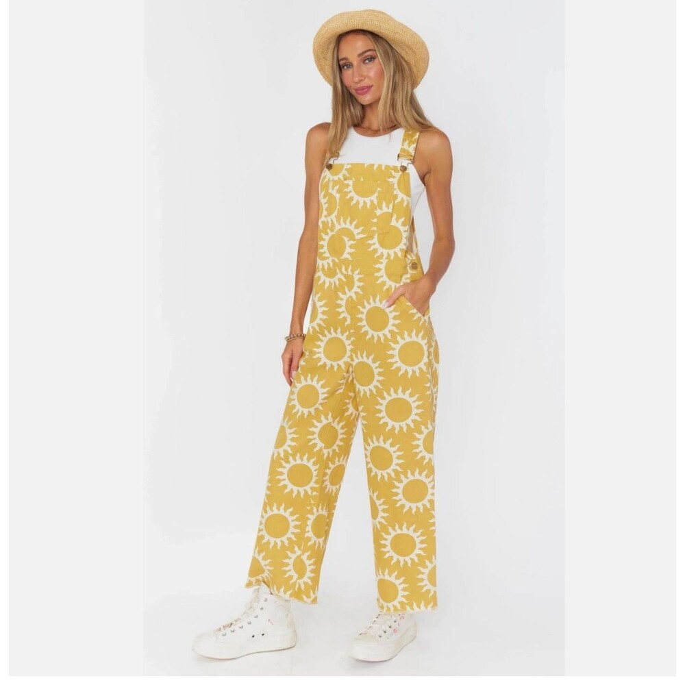 SHOW ME YOUR MUMU MARFA PARADISE SUN PRINT YELLOW DENIM OVERALLS XS $188